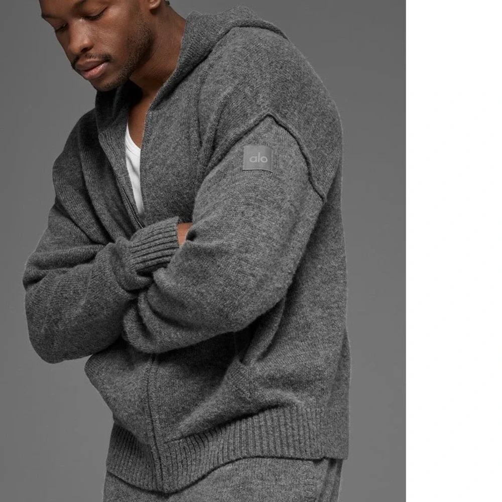 Alo Yoga wool Cashmere new class Full Zip Hoodie Grey Knit Sweater unisex